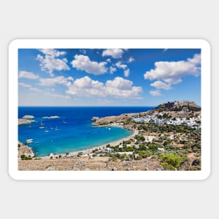 The village of Lindos with a beautiful bay, medieval castle and pictursque houses on a hill is the star of Rhodes, Greece. Sticker